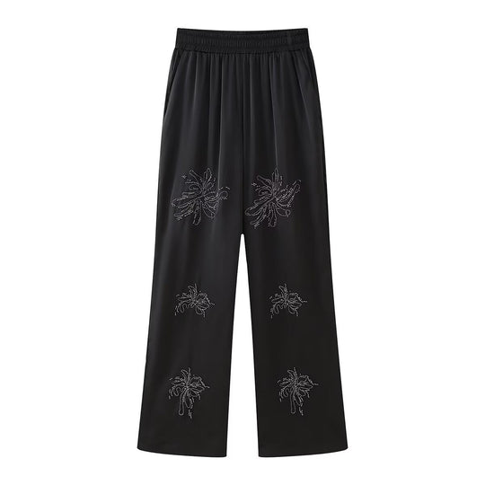 Damen Elegante Satinhose im Palazzo‑Schnitt mit elastischem Umschlagbund und floraler Zierstickerei Nord Taschen