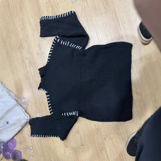 Damen Oversize-Strickpullover mit Stehkragen, Ballonärmeln und Ziernaht Nord Taschen