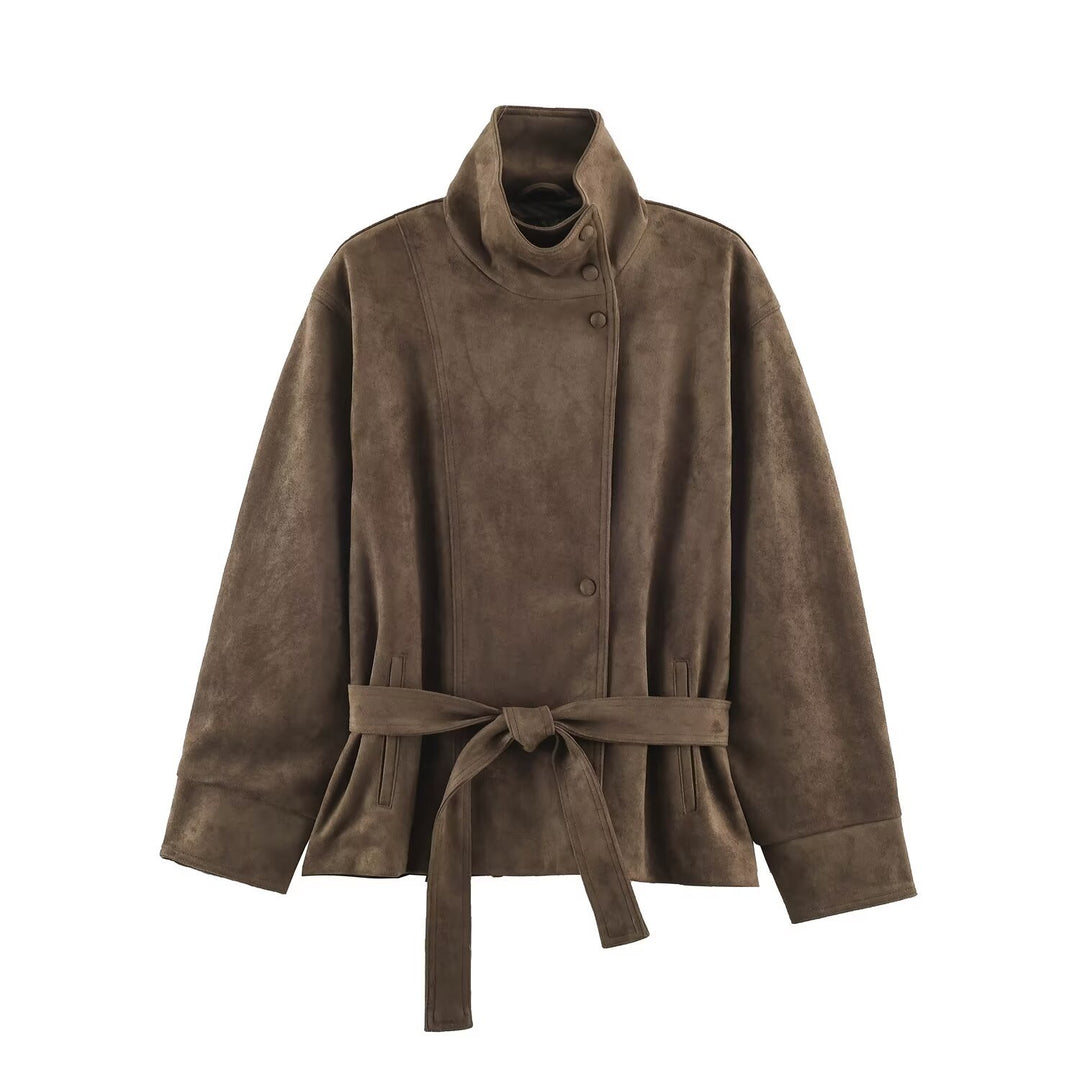 Damen Kurzjacke aus Velourslederoptik mit Stehkragen und Bindegürtel Nord Taschen