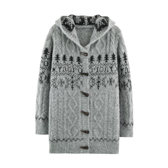 Damen Grobgestrickte Kapuzen‑Strickjacke mit Hornknöpfen und Norwegermuster Nord Taschen