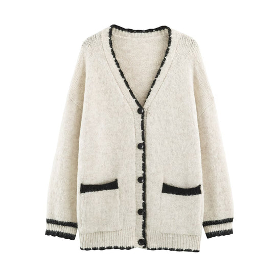 Damen Oversize Strickcardigan mit V-Ausschnitt, Knopfleiste und kontrastierenden Zierkanten Nord Taschen