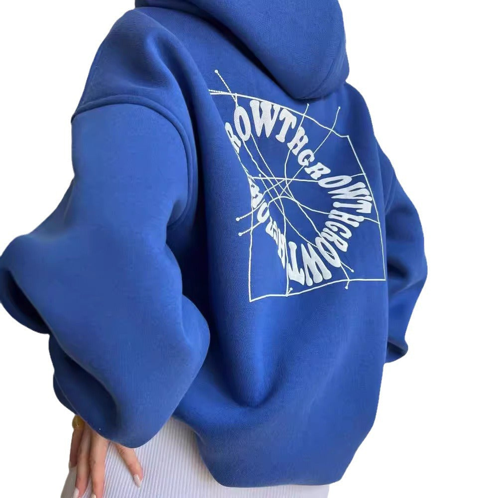Damen Oversized Kapuzenpullover mit abstraktem Rückenprint und gerippten Bündchen Nord Taschen