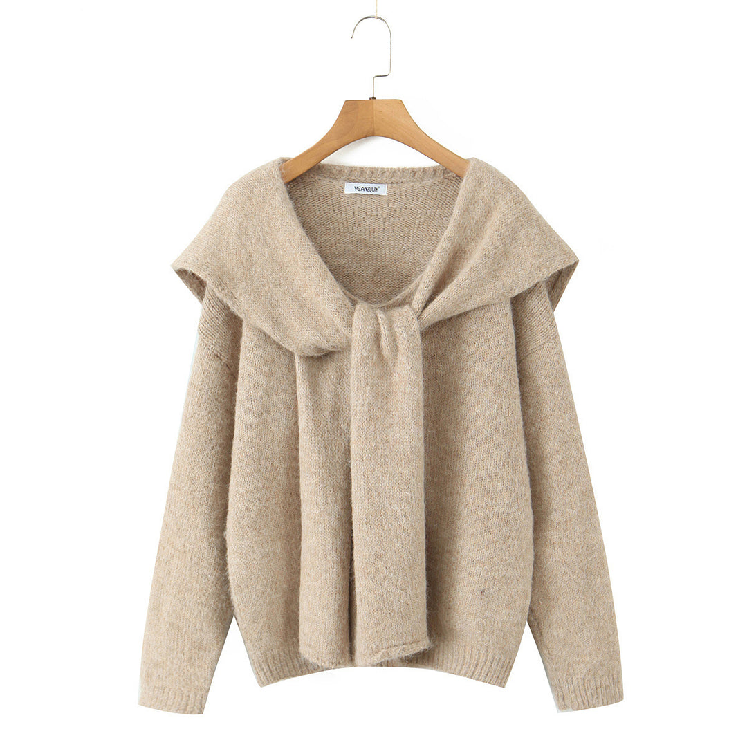 Damen Oversize Strickpullover mit integriertem Schal und weitem Schulterkragen Nord Taschen
