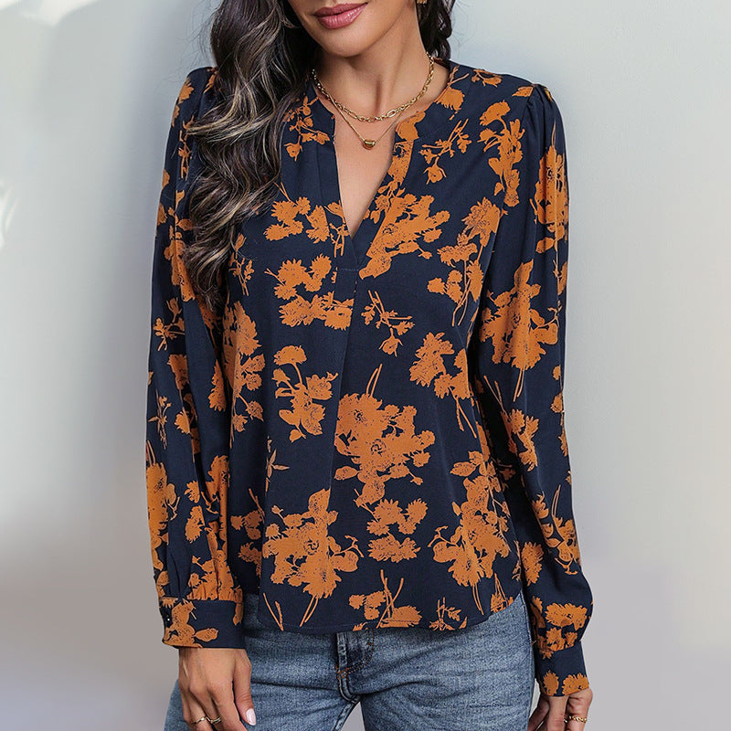 Damen Lässige Viskose-Bluse mit V-Ausschnitt, floralem Print und Ballonärmeln Nord Taschen
