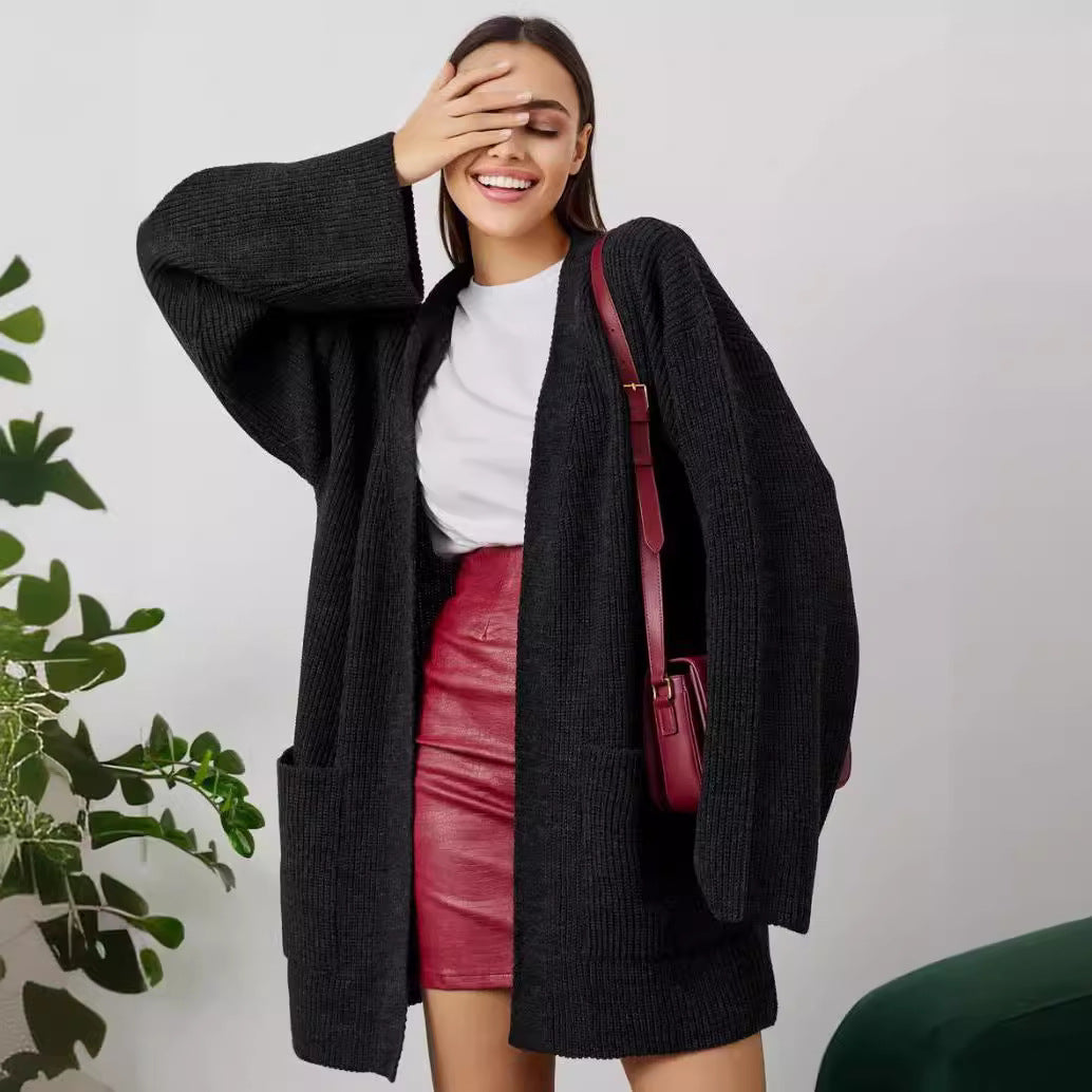 Damen kuscheliger langer Strickcardigan mit weiten Ärmeln und praktischen Taschen Nord Taschen