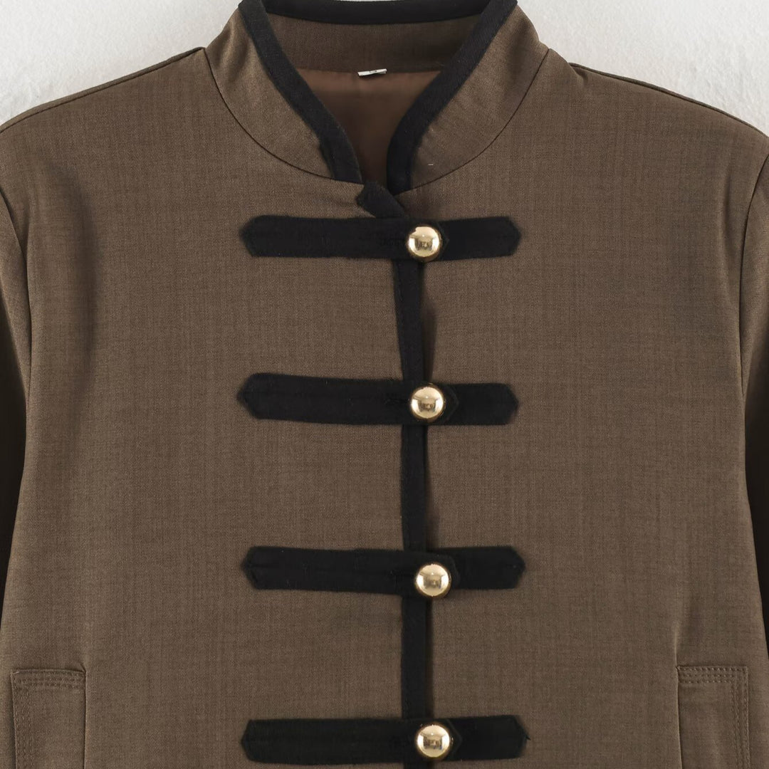Damen Kurzjacke im Mandarinstil mit dekorativen Zierknoten und Kontrastbesatz Nord Taschen