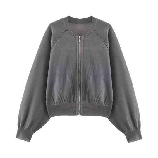 Damen Leichter Strick‑Bomber mit Reißverschluss, Ballonärmeln und gerafftem Saum Nord Taschen