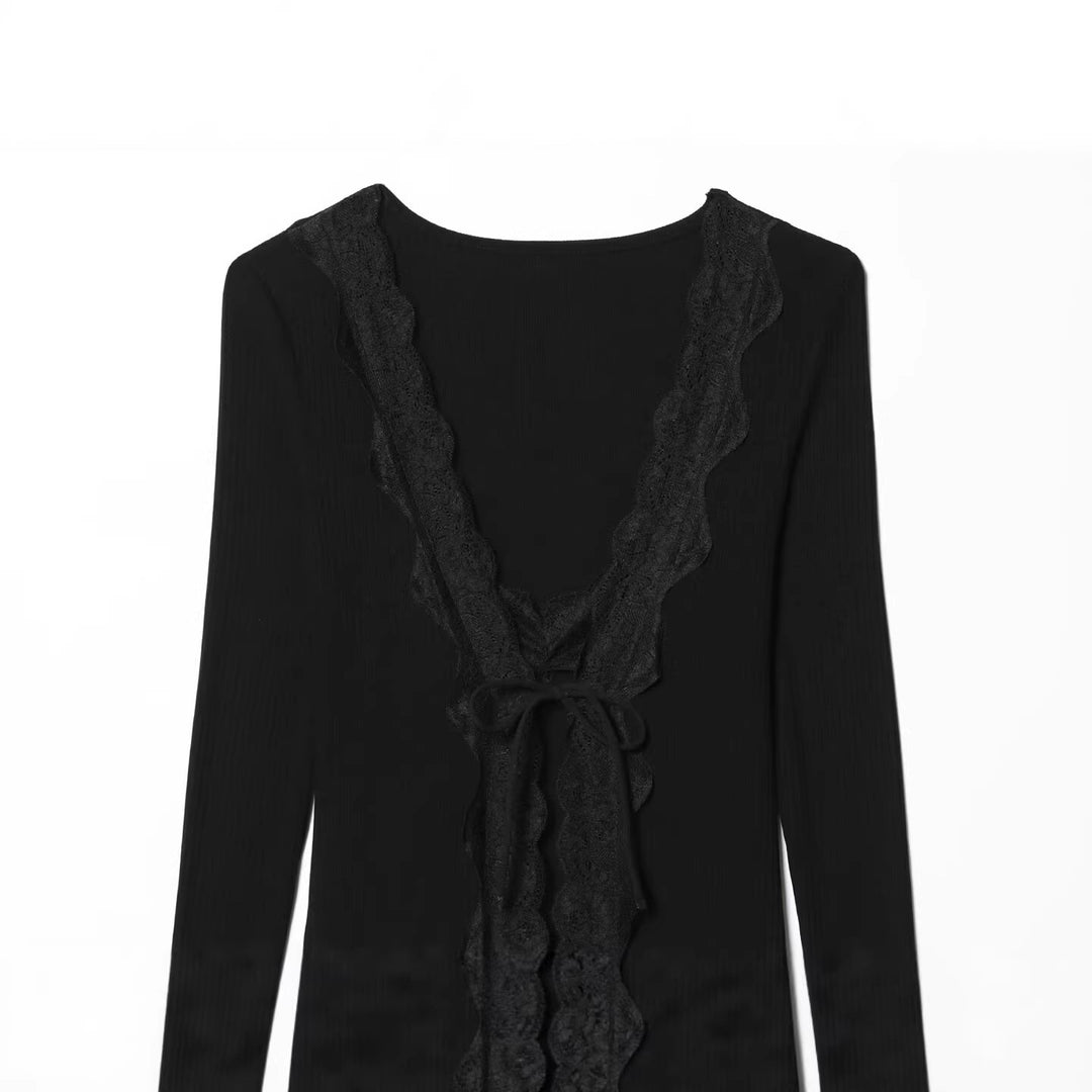 Damen Feines Rippstruktur-Longsleeve mit tiefem V‑Ausschnitt, breiter Spitzenblende und Zierband Nord Taschen