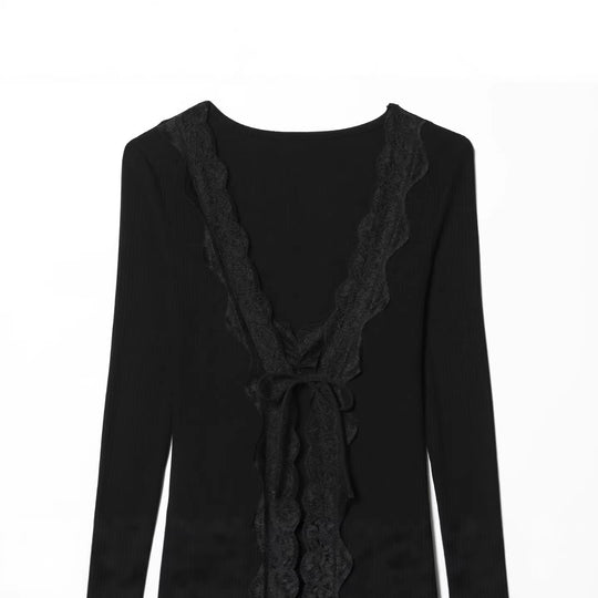 Damen Feines Rippstruktur-Longsleeve mit tiefem V‑Ausschnitt, breiter Spitzenblende und Zierband Nord Taschen
