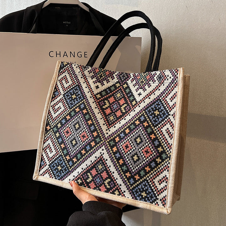 Damen Jute-Tragetasche mit farbenfrohem, geometrischem Muster Nord Taschen