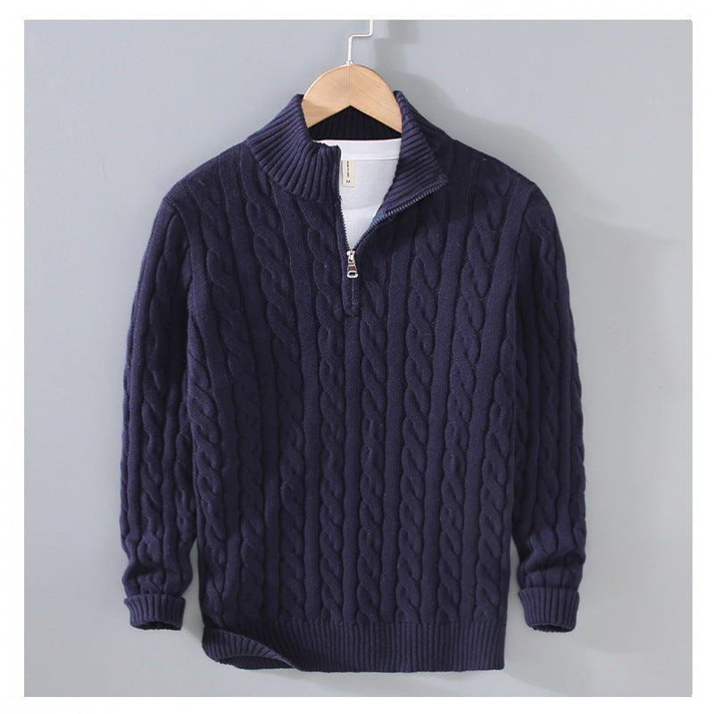 Herren Zopfmuster-Halbzip-Pullover aus weicher Baumwollmischung mit Stehkragen Nord Taschen