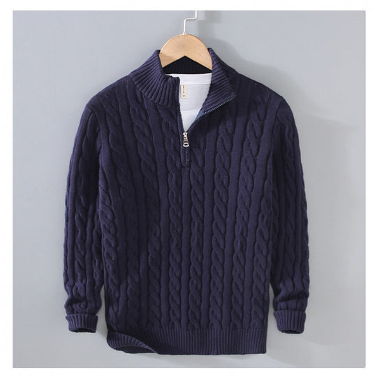Herren Zopfmuster-Halbzip-Pullover aus weicher Baumwollmischung mit Stehkragen Nord Taschen