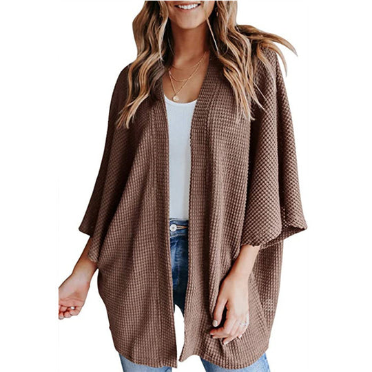Damen Waffelstrick Offener Kimono-Cardigan mit Fledermausärmeln Nord Taschen
