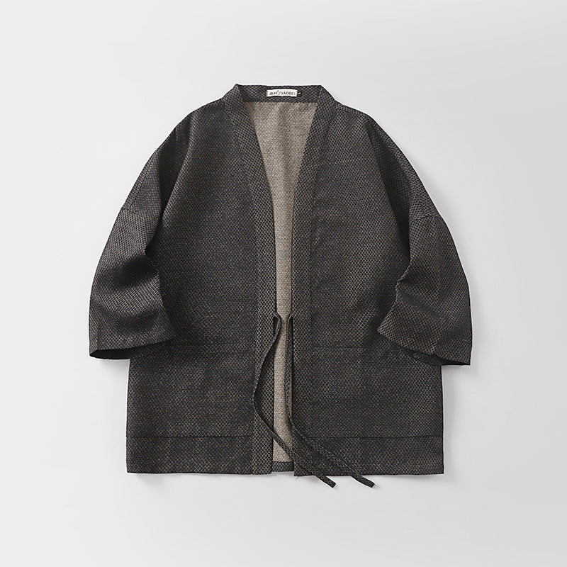 Herren Lockerer Kimono-Cardigan aus strukturierter Baumwollmischung mit kurzem Ärmel und Bindeband Nord Taschen