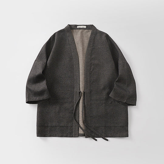 Herren Lockerer Kimono-Cardigan aus strukturierter Baumwollmischung mit kurzem Ärmel und Bindeband Nord Taschen