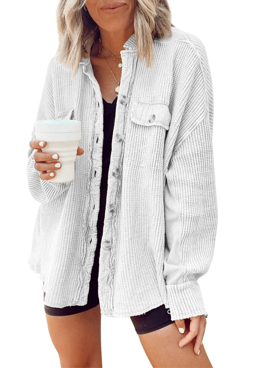 Damen Waffelstrick-Overshirt mit Knopfleiste und Brusttasche Nord Taschen