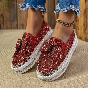Damen Glitzer-Plateau-Slipper mit Schleifenapplikation und profilierter Komfortsohle Nord Taschen