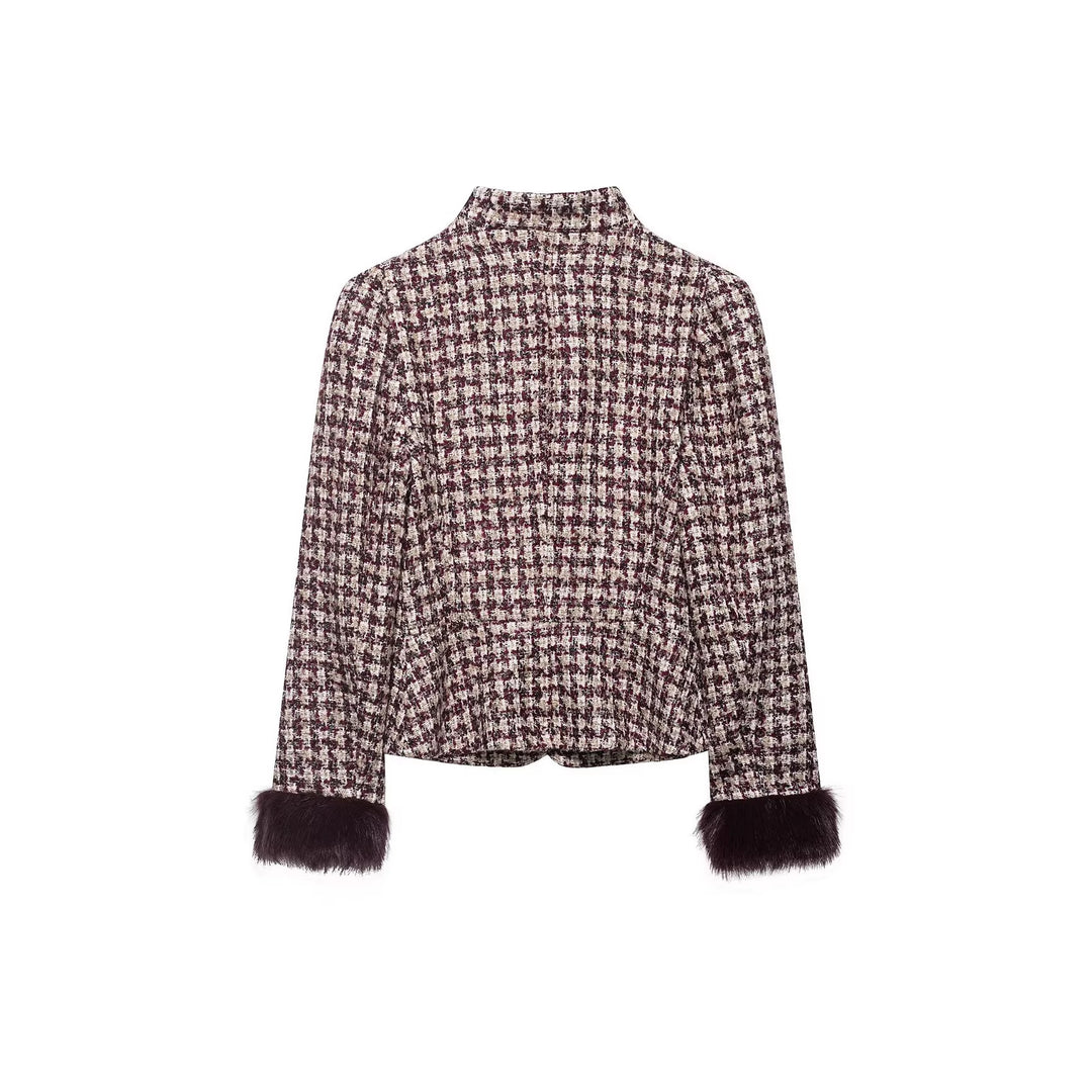 Damen Kurz geschnittene Bouclé‑Tweedjacke mit Stehkragen und Kunstfellmanschetten Nord Taschen