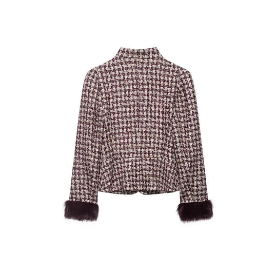 Damen Kurz geschnittene Bouclé‑Tweedjacke mit Stehkragen und Kunstfellmanschetten Nord Taschen