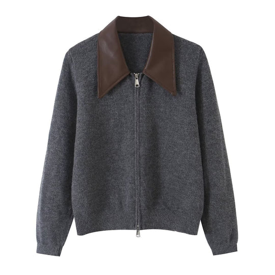 Damen Kurzer Wollmix-Cardigan mit Reißverschluss und kontrastierendem Kunstlederkragen Nord Taschen