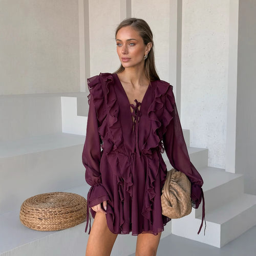 Damen Romantisches Chiffon-Minikleid mit Volants und Schnürdetail Nord Taschen