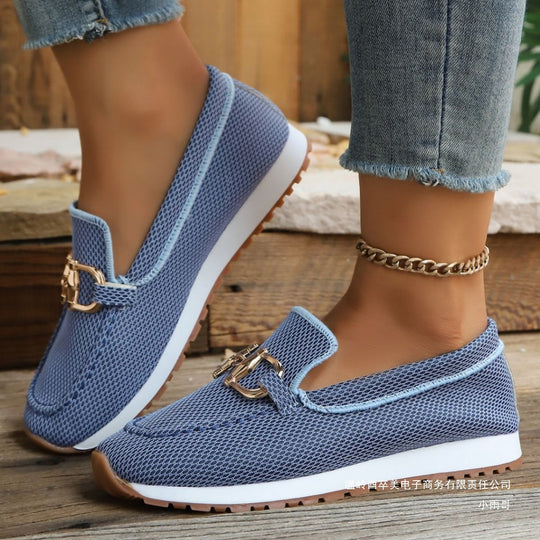 Damen Atmungsaktive Mesh-Slipper-Loafer mit goldfarbener Schnallendekor und leichter Gummisohle Nord Taschen