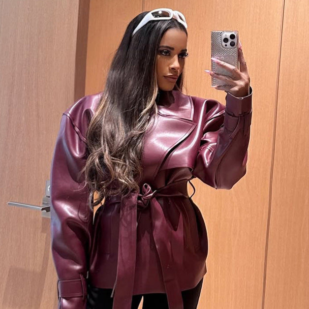Damen Taillierter Lederimitat-Blouson mit Bindegürtel und voluminöser Schulterpartie Nord Taschen