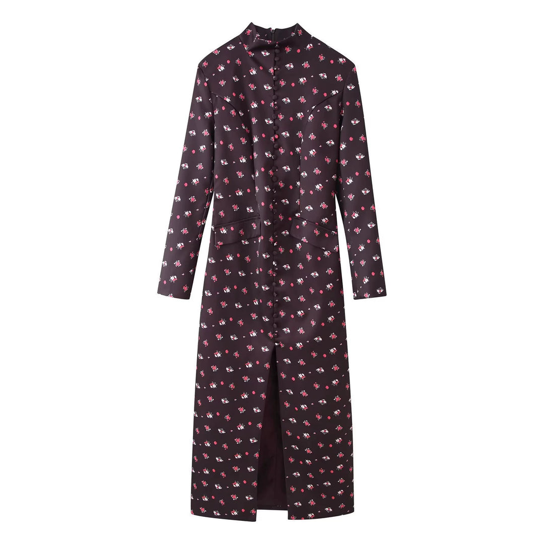 Damen Langärmliges Maxikleid mit Stehkragen, durchgehender Knopfleiste und floralem Alloverprint Nord Taschen