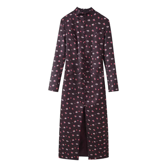 Damen Langärmliges Maxikleid mit Stehkragen, durchgehender Knopfleiste und floralem Alloverprint Nord Taschen