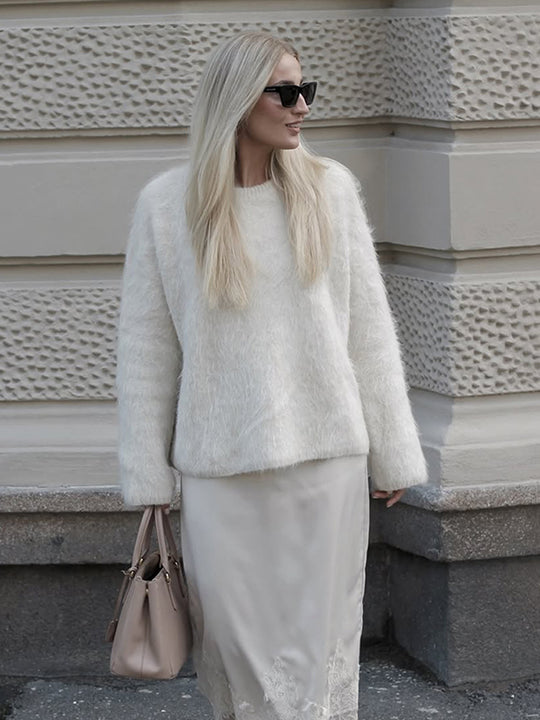 Damen Kuscheliger Mohair‑Optik Pullover mit Rundhalsausschnitt und legerer Silhouette Nord Taschen