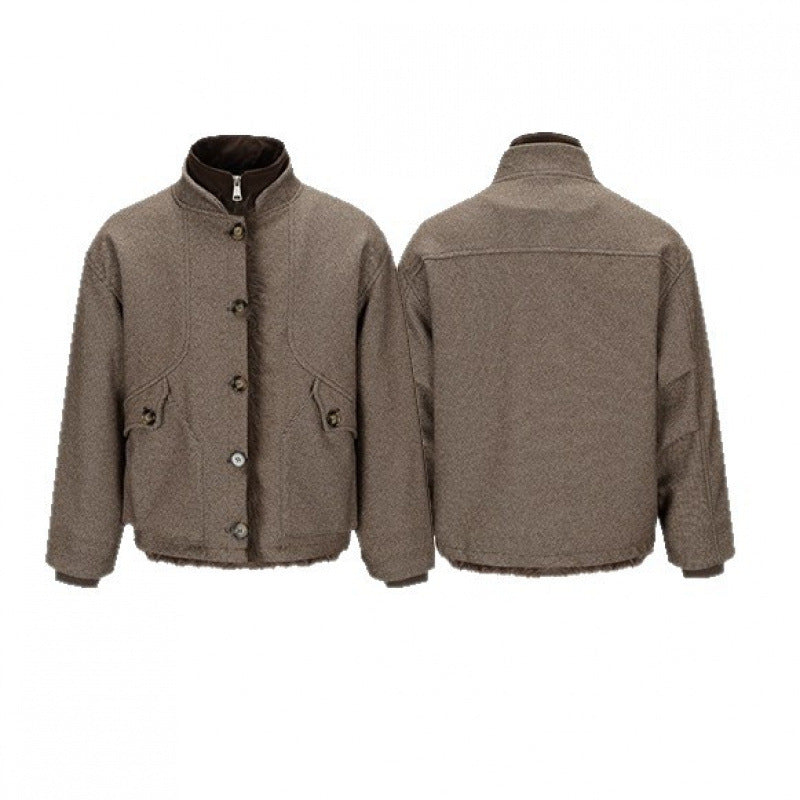 Damen Kurze Boxy-Jacke mit Teddyfutter, Stehkragen und Pattentaschen Nord Taschen
