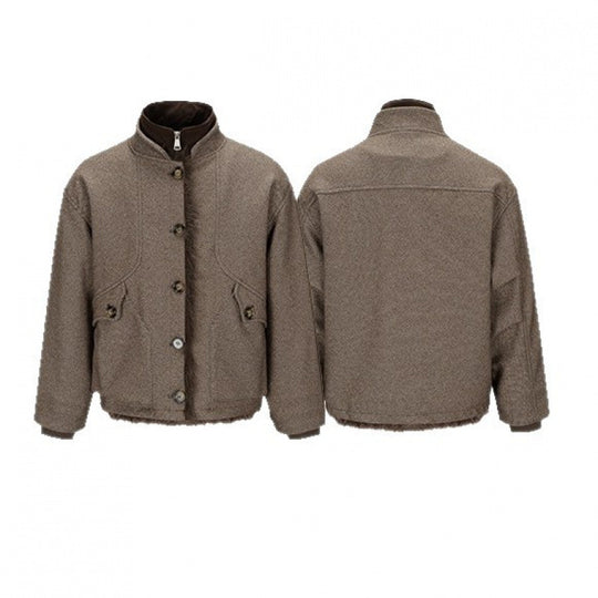 Damen Kurze Boxy-Jacke mit Teddyfutter, Stehkragen und Pattentaschen Nord Taschen