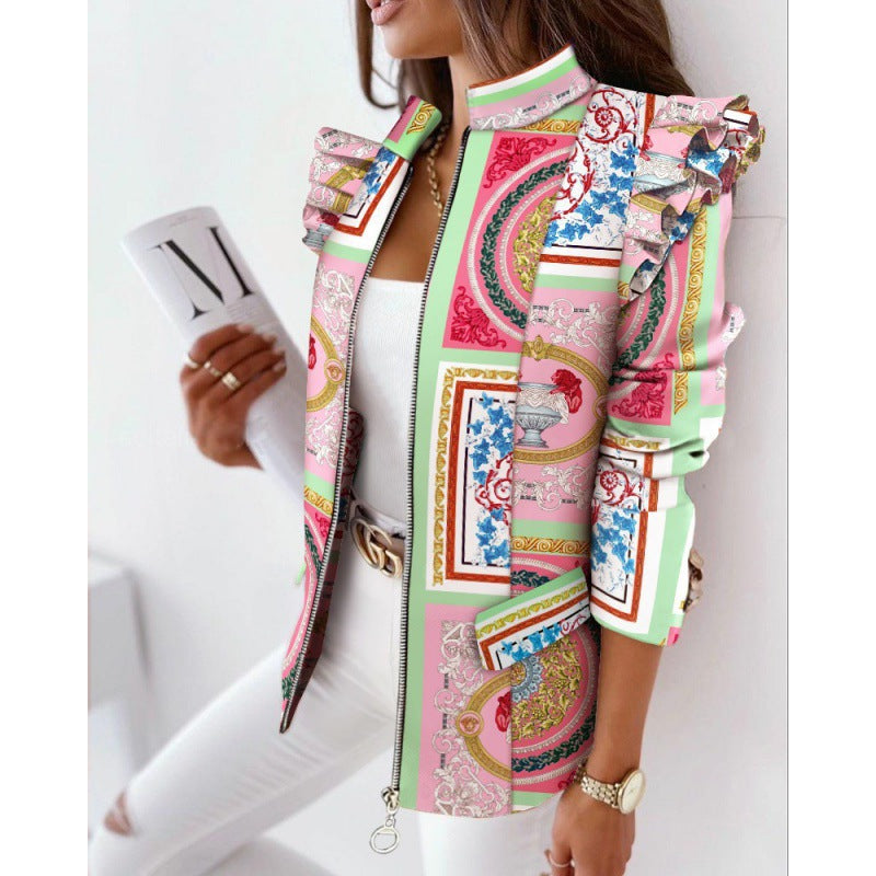 Damen Leoprint-Statement-Jacke mit Rüschen-Schulter und Reißverschluss Nord Taschen
