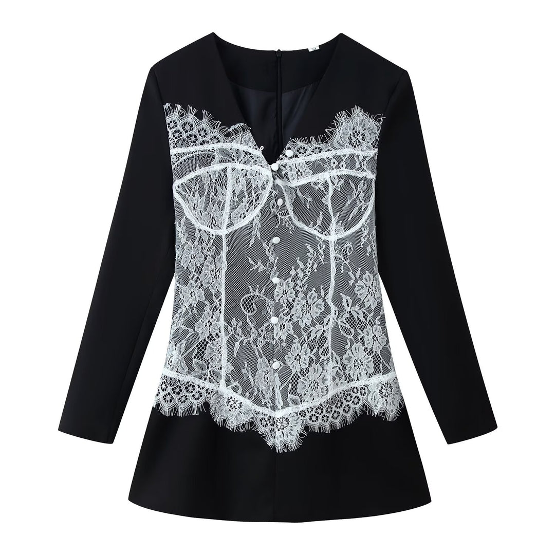 Damen Elegante Bluse mit Spitzen‑Corset‑Applikation und V‑Ausschnitt Nord Taschen