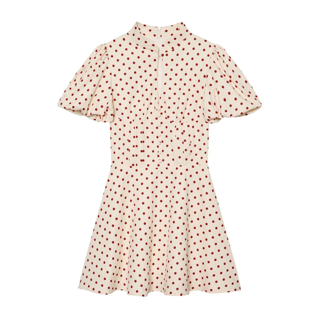 Damen Gepunktetes A‑Linien‑Kleid mit Stehkragen, Taillierung und Ballonärmeln Nord Taschen