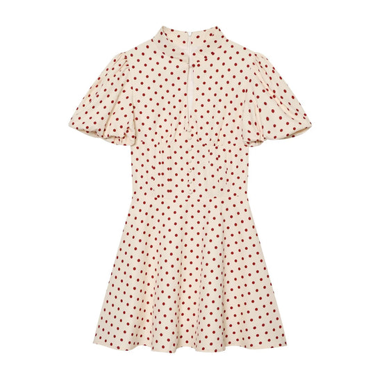 Damen Gepunktetes A‑Linien‑Kleid mit Stehkragen, Taillierung und Ballonärmeln Nord Taschen