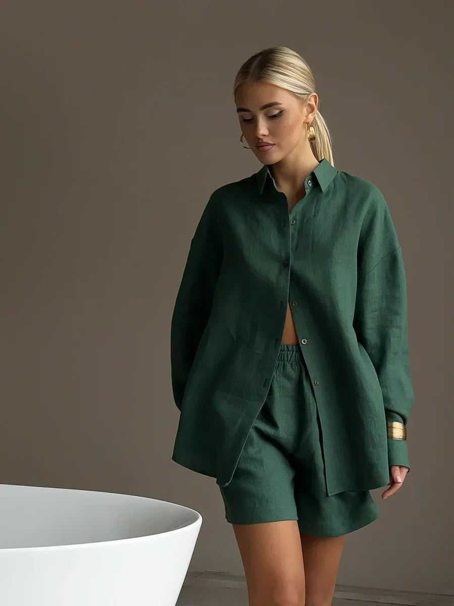 Damen lässiges Leinen Set mit lockerer Bluse und Shorts