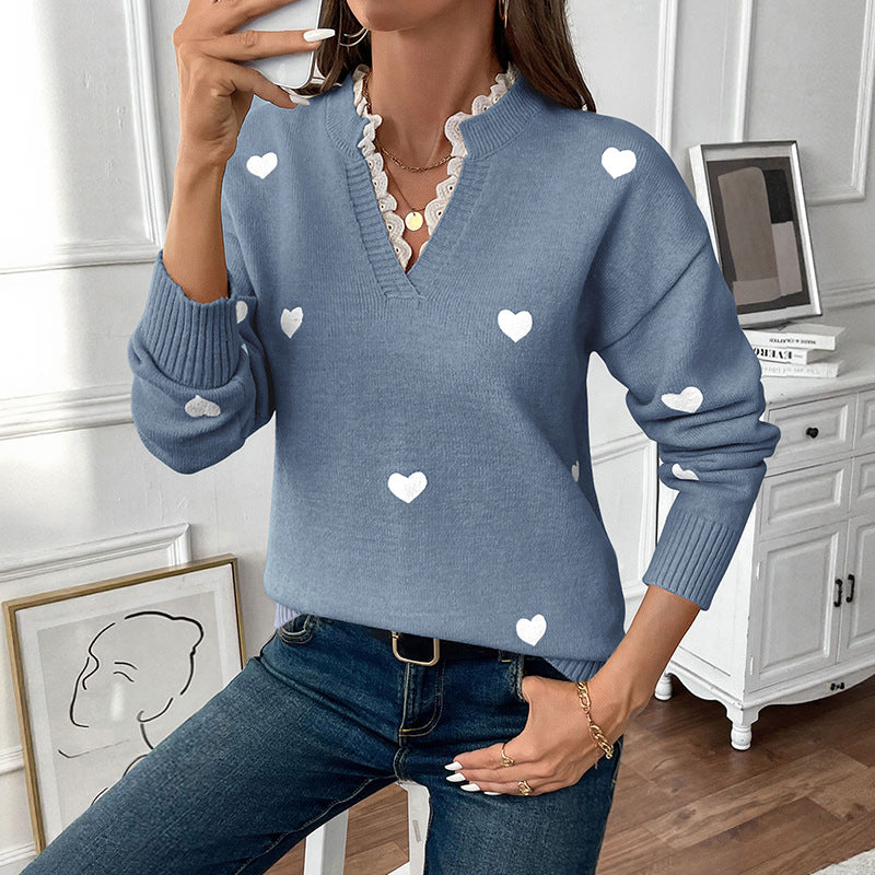 Damen V‑Ausschnitt Feinstrickpullover mit Herz‑Intarsien und gerippten Bündchen Nord Taschen
