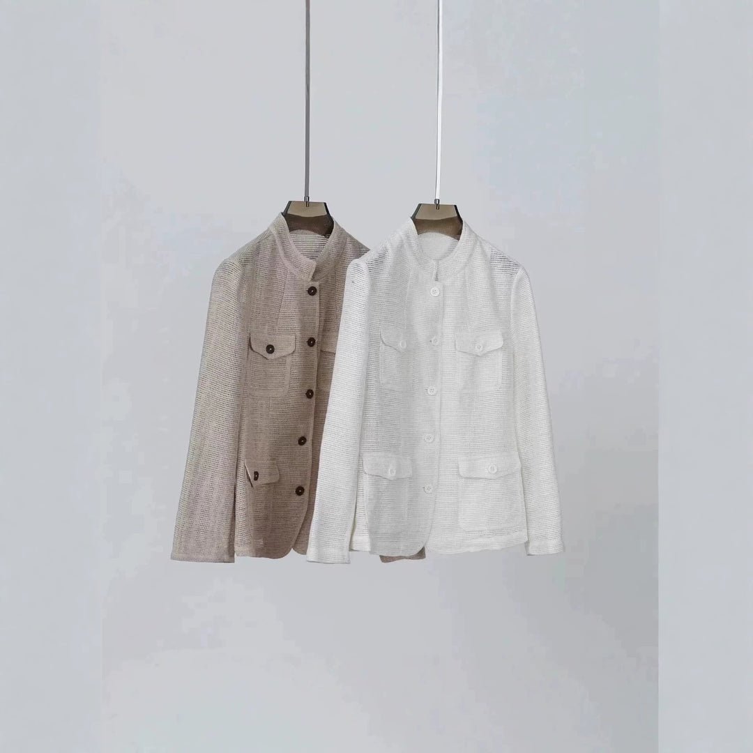 Damen Leichte Häkeloptik-Übergangsjacke mit Rundkragen und Pattentaschen Nord Taschen