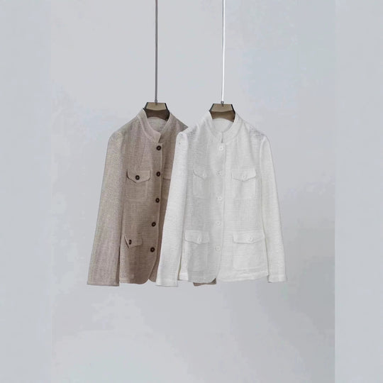 Damen Leichte Häkeloptik-Übergangsjacke mit Rundkragen und Pattentaschen Nord Taschen