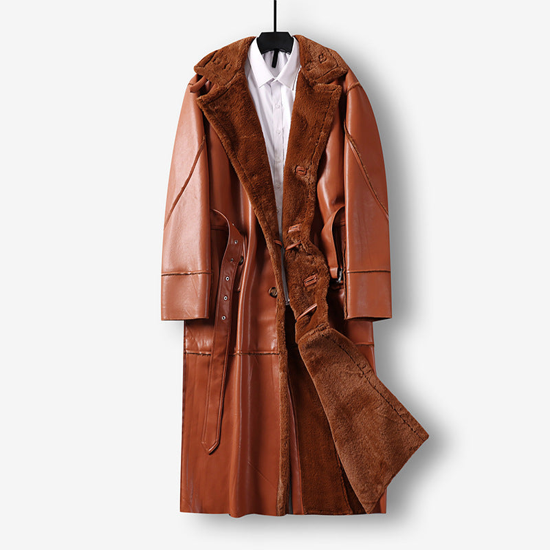 Herren Maxilanger Kunstledermantel mit Teddy-Innenfutter und Taillengürtel Nord Taschen