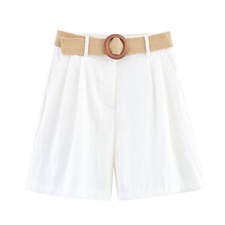 Damen elegante Shorts mit breitem, geflochtenem Gürtel