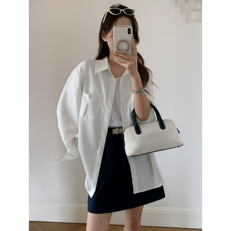 Damen Oversized Hemdbluse aus fließendem Material mit Brusttasche Nord Taschen