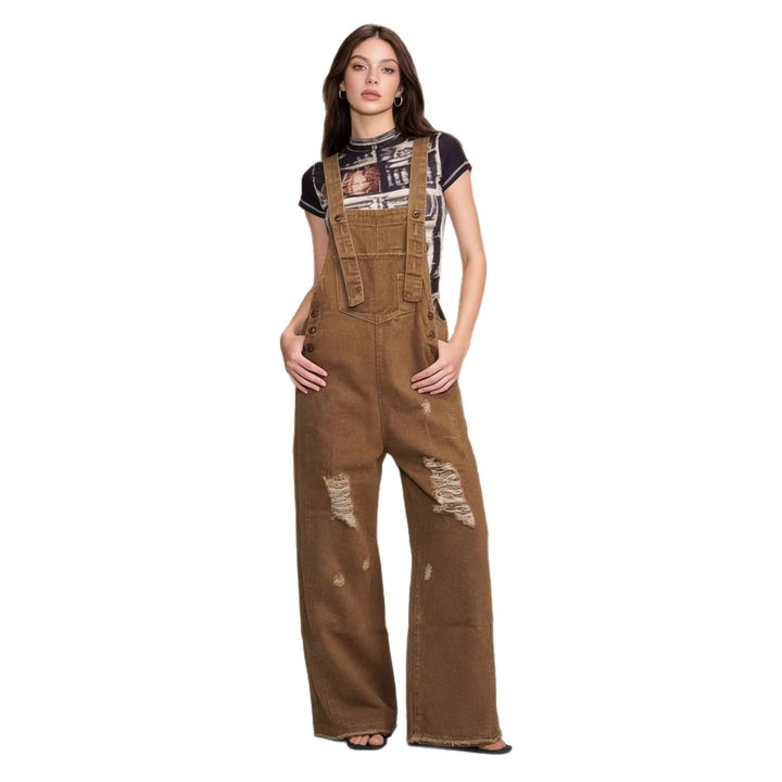 Damen moderne Baggy-Latzhose aus pigmentgefärbtem Stretch-Denim mit verstellbaren Trägern und sichtbaren Rissen Nord Taschen