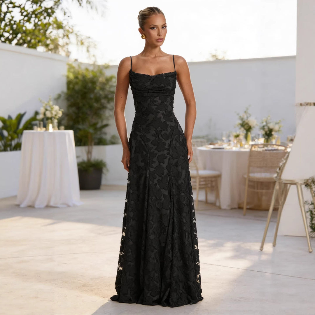 Damen Elegantes Maxikleid mit floralem Spitze-Design und verstellbaren Spaghettiträgern