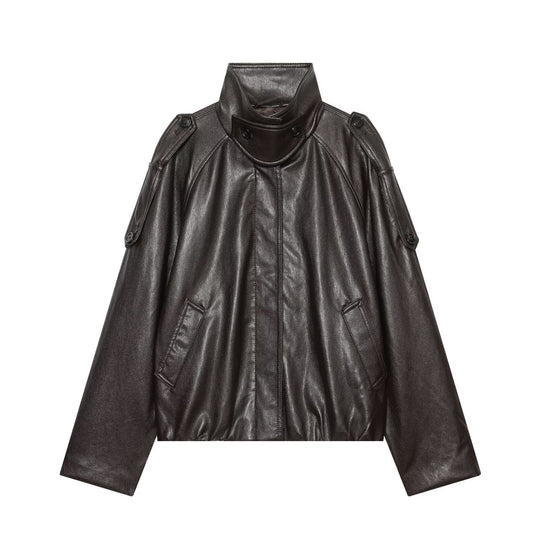 Damen Oversized Cropped Lederoptik‑Jacke mit hohem Stehkragen und Epauletten Nord Taschen