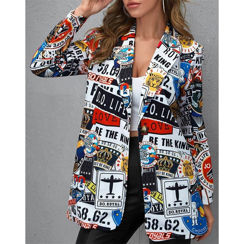 Damen Bedruckter Longblazer mit grafischem Street‑Art‑Muster und tailliertem Schnitt Nord Taschen