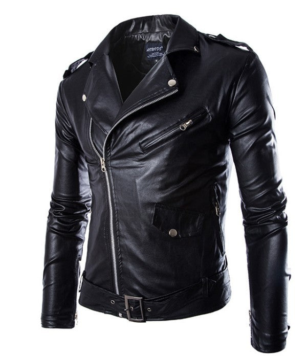 Herren Biker-Lederjacke im Slim-Fit mit asymmetrischem Reißverschluss und Taillengürtel Nord Taschen