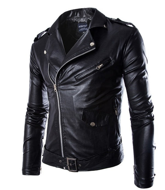 Herren Biker-Lederjacke im Slim-Fit mit asymmetrischem Reißverschluss und Taillengürtel Nord Taschen