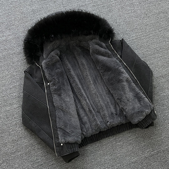 Unisex Wattierte Bomberjacke mit großer Kapuze und Kunstfellbesatz Nord Taschen